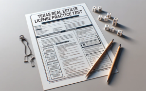 Some pens, letter blocks, and a piece of paper showing a sample of the real estate license exam in Texas.